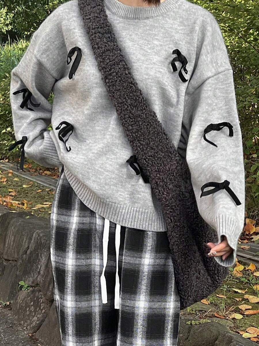 FRIFUL Jersey holgado de punto con decoración de lazo, apropiado para otoño/invierno, para mujer