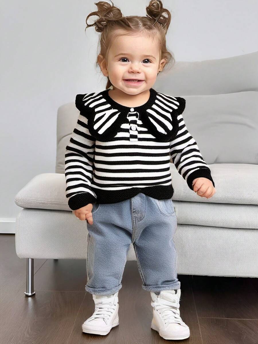Baby Girl Autumn Winter Outfit, Includes Striped Sweatshirt And Loose Fit Ruffle Trim Denim Pants, Casual Fashion Set