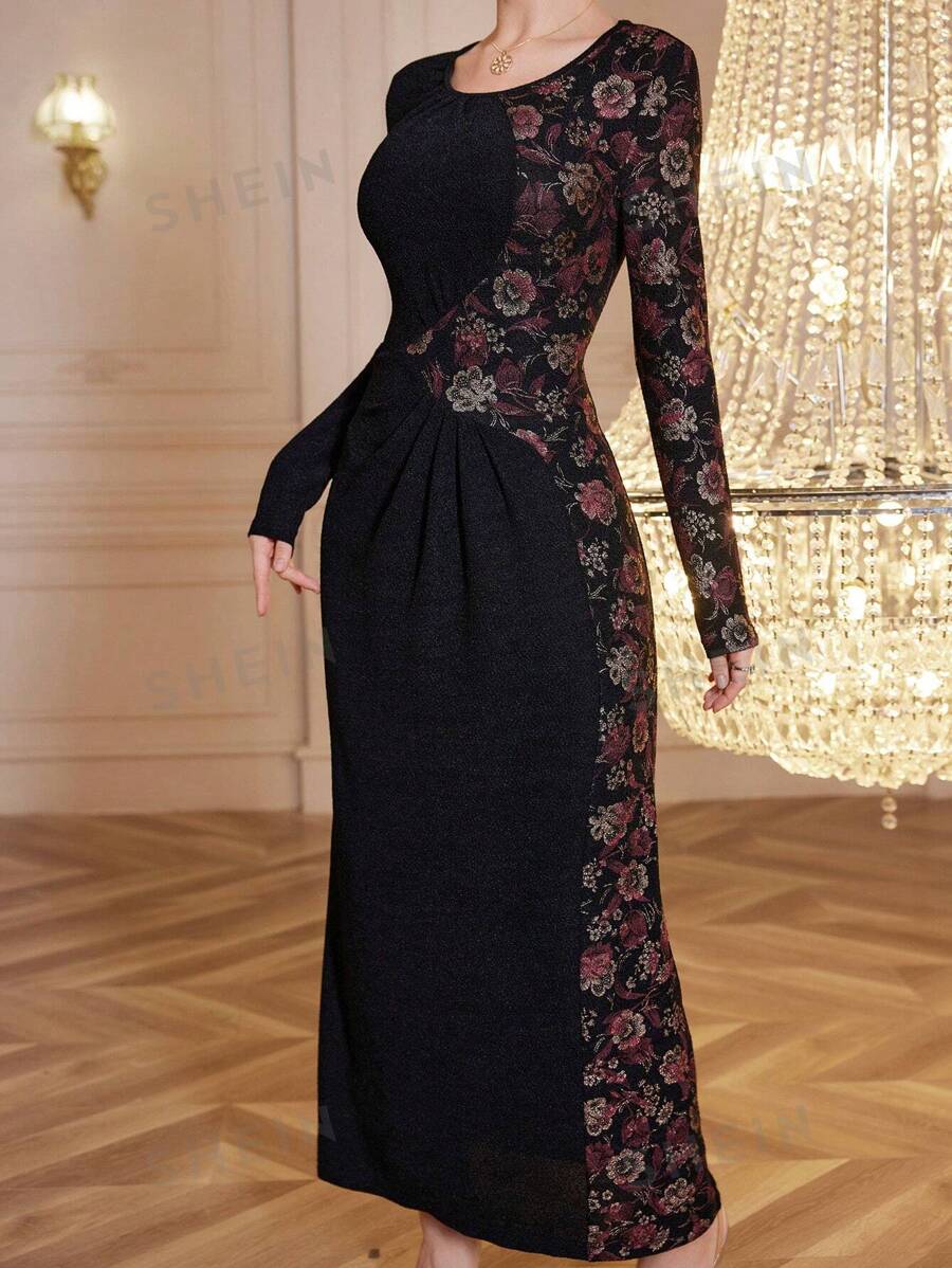 Modelyn Vestido ceñido a la cintura con estampado floral patchwork elegante para mujer, otoño
