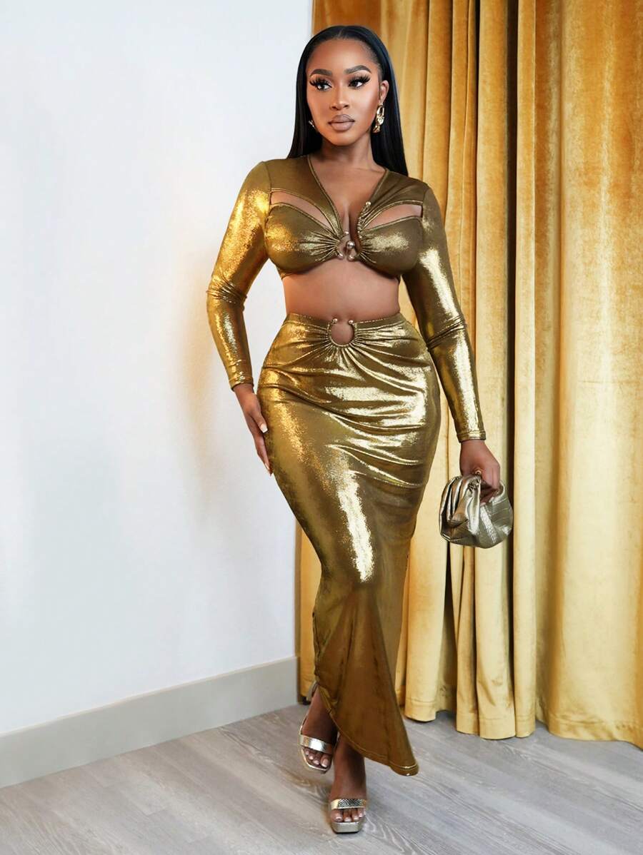 BamGleam 2pcs Metallic Hollow Short Top And Fish Tail Skirt Set, Sexy, Autumn