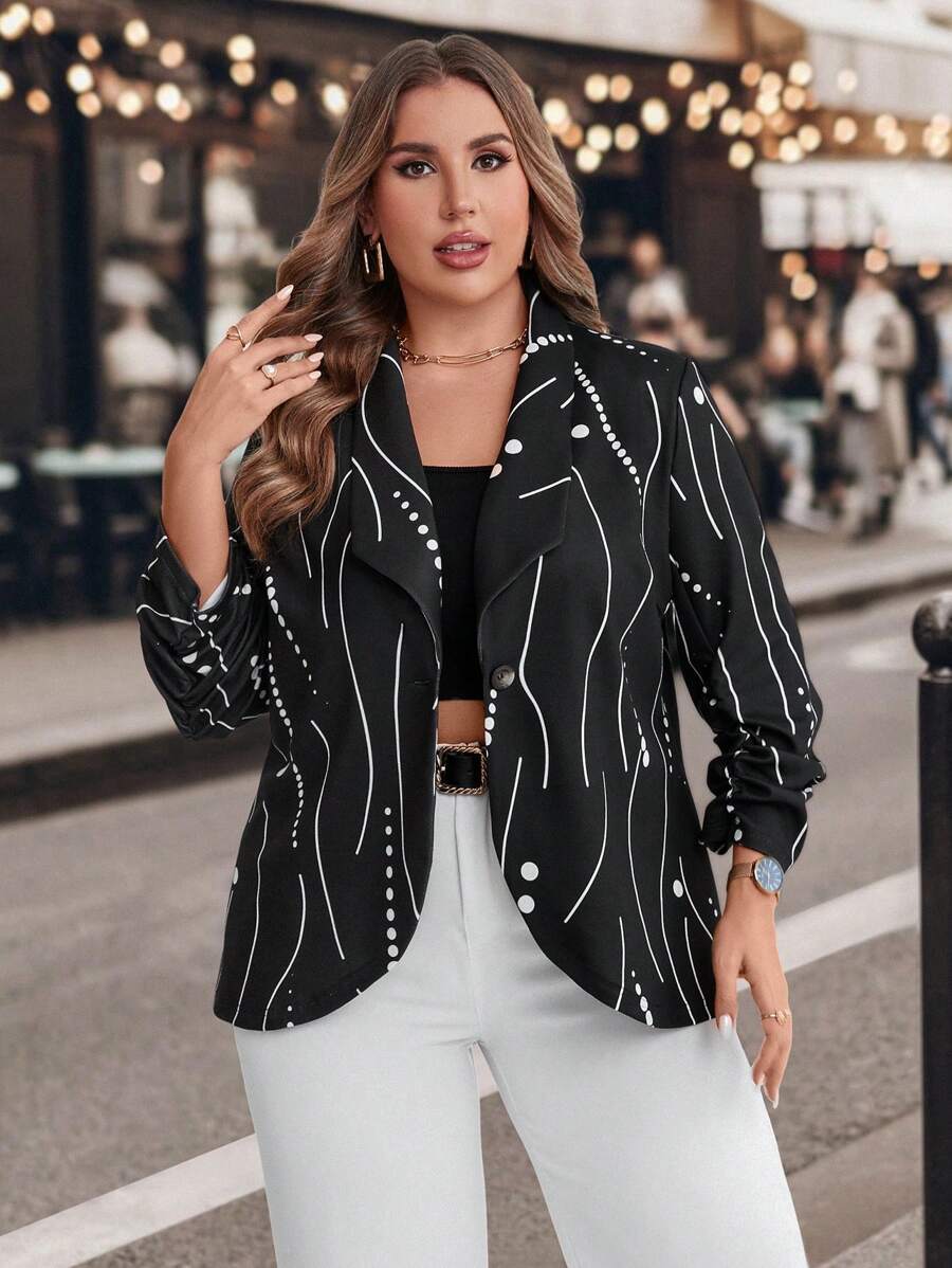 SHEIN Clasi Plus Size Women Geometric Print Elegant Blazer Jacket With Shawl Collar, Long Sleeve, Autumn/Winter