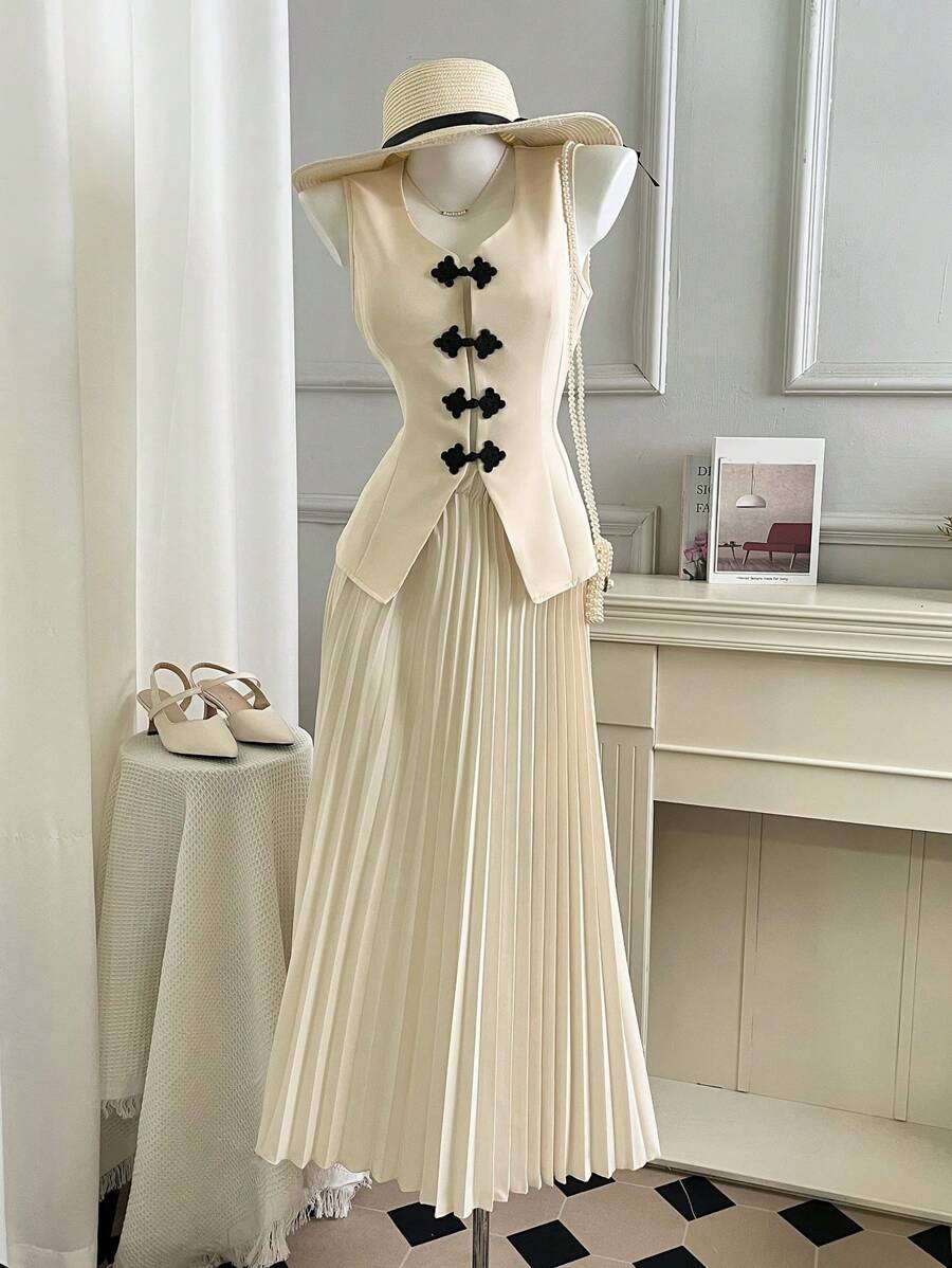 Calvaya Conjunto de 2 piezas con parte superior sin mangas de estilo chino con cuello mandarín y bloque de color talla grande falda plisada larga para mujer, primavera y otoño