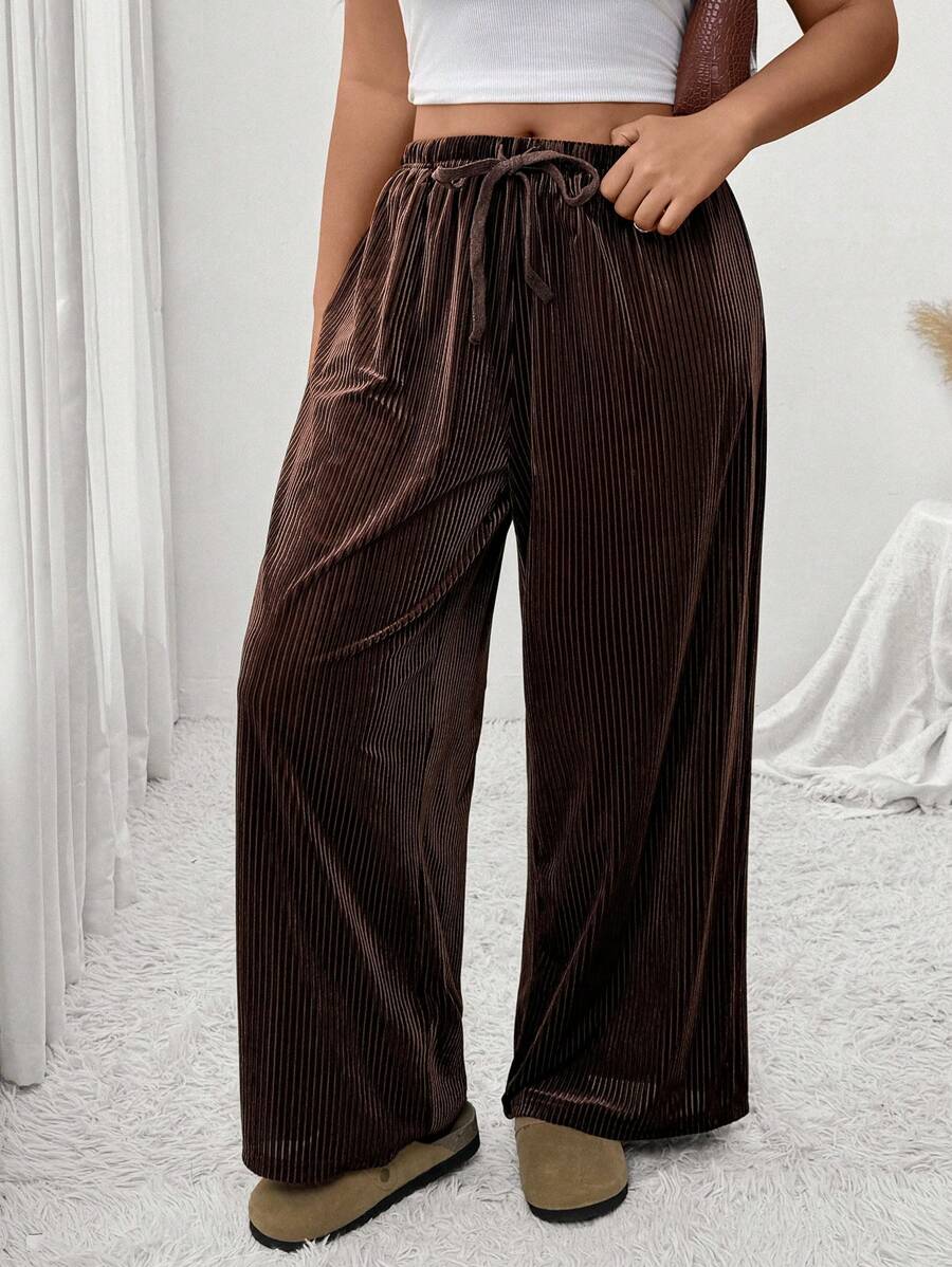 SHEIN Frenchy Plus Size Solid Color Front Tie Pocket Simple Casual Pants, For Daily Wear