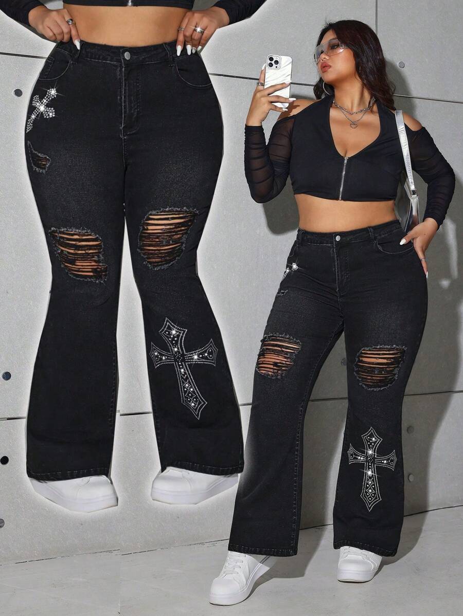 SHEIN ICON Plus Size Sexy Stretchy Flared Jeans, Black
