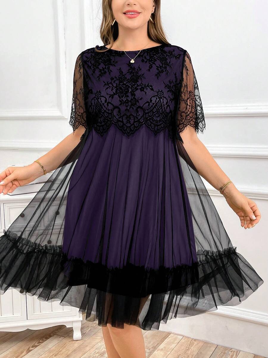 SHEIN Clasi Abito estivo elegante in taglia grande con pizzo nero e inserto in rete a contrasto