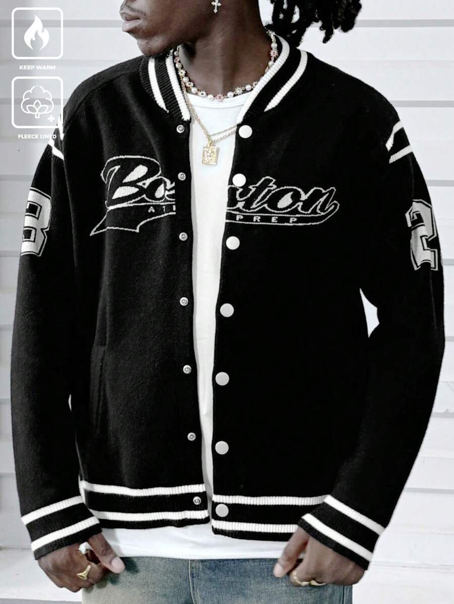 Manfinity EMRG Cárdigan de cuello redondo con botones frontales y estampado de letras y rayas de manga larga para hombre