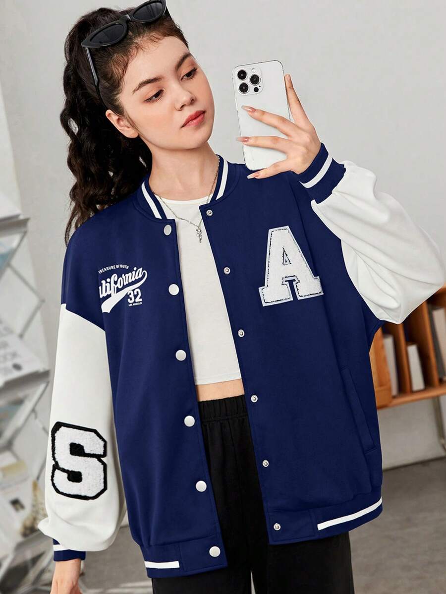 SHEIN Chaqueta informal de manga larga con estampado de parches de letras para niña adolescente