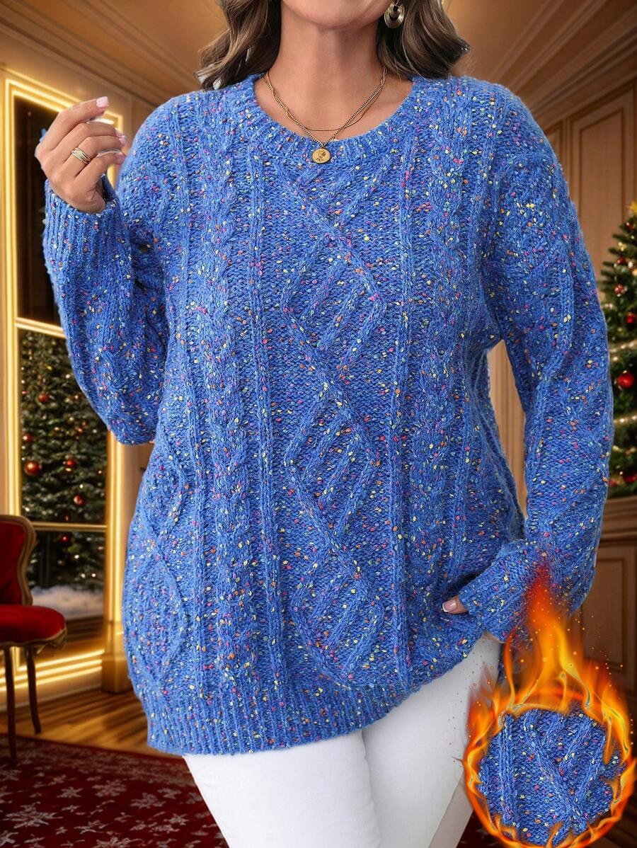 SHEIN LUNE Women's Blue Dotted Knit Oversized Crew Neck Sweater, Casual Thick Pullover Suitable For Halloween, New Year, Valentine's Day, Thanksgiving, Christmas, Easter, National Day, Gala, New Year's Eve