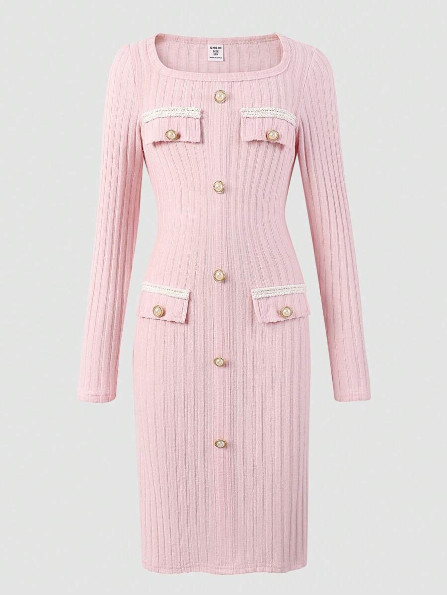 Vestido corto de Body con cuello cuadrado acanalado elegante para niñas preadolescentes, otoño