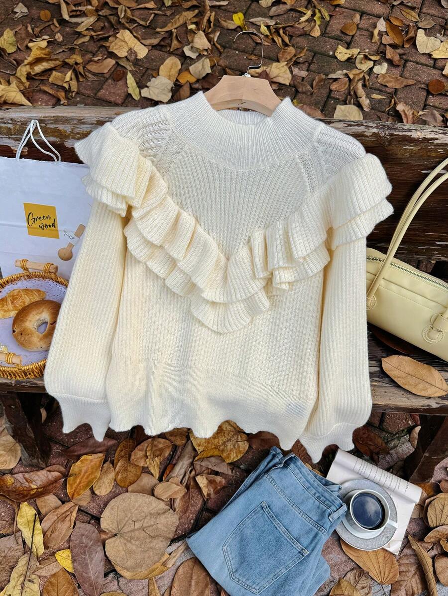SHEIN Privé Suéter holgado de punto con cuello en V con volantes, color albaricoque, talla grande para mujer, elegante estilo francés, grueso y cálido, nueva colección de otoño/invierno