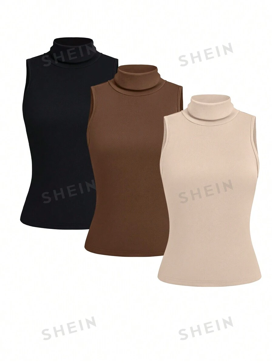 SHEIN LUNE Juego de 3 piezas de tops sin mangas de cuello alto minimalistas de unicolor para uso casual diario - 3 paquetes de tops de cuello alto, tops marrones, tops lisos
