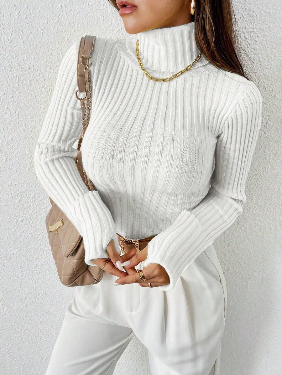 SHEIN Clasi Women's Casual Solid Color Turtleneck Slim Fit Ribbed Knit Sweater, Versatile For Autumn/Winter