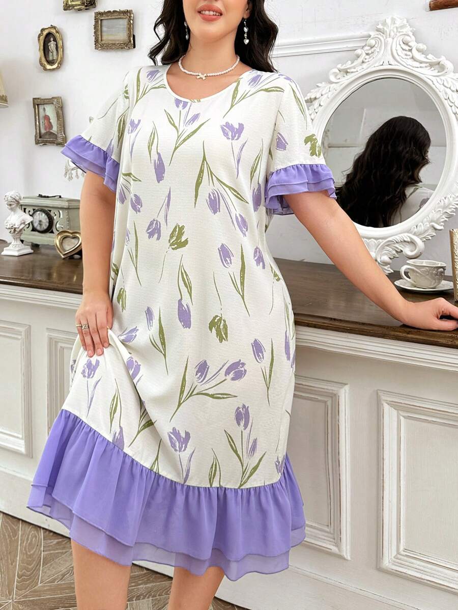 CottageSlumber Camisón largo de manga corta con estampado floral, bloques de color y doble volante en el bajo, talla grande, perfecto para vacaciones