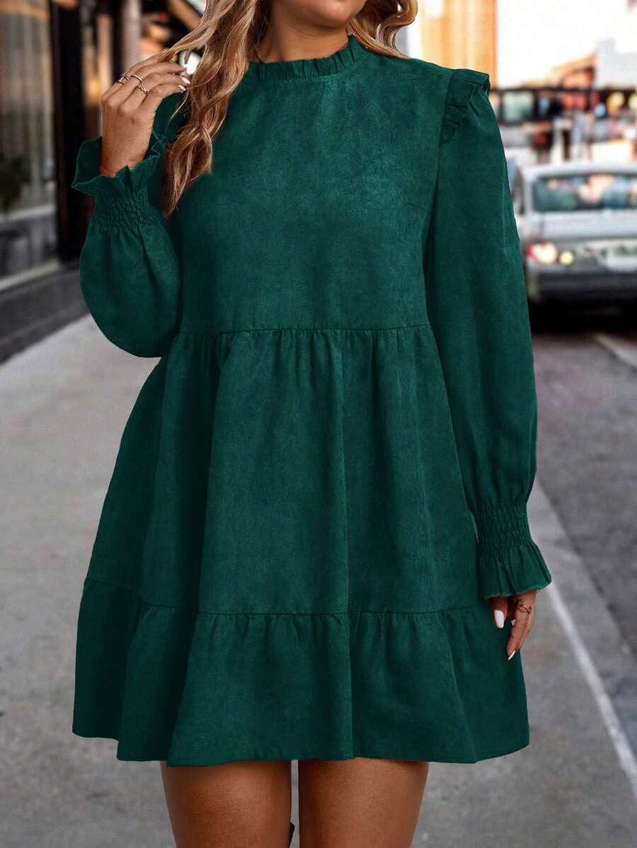 SHEIN LUNE Plus Size Solid Color Puff Sleeve Casual Dress For Autumn