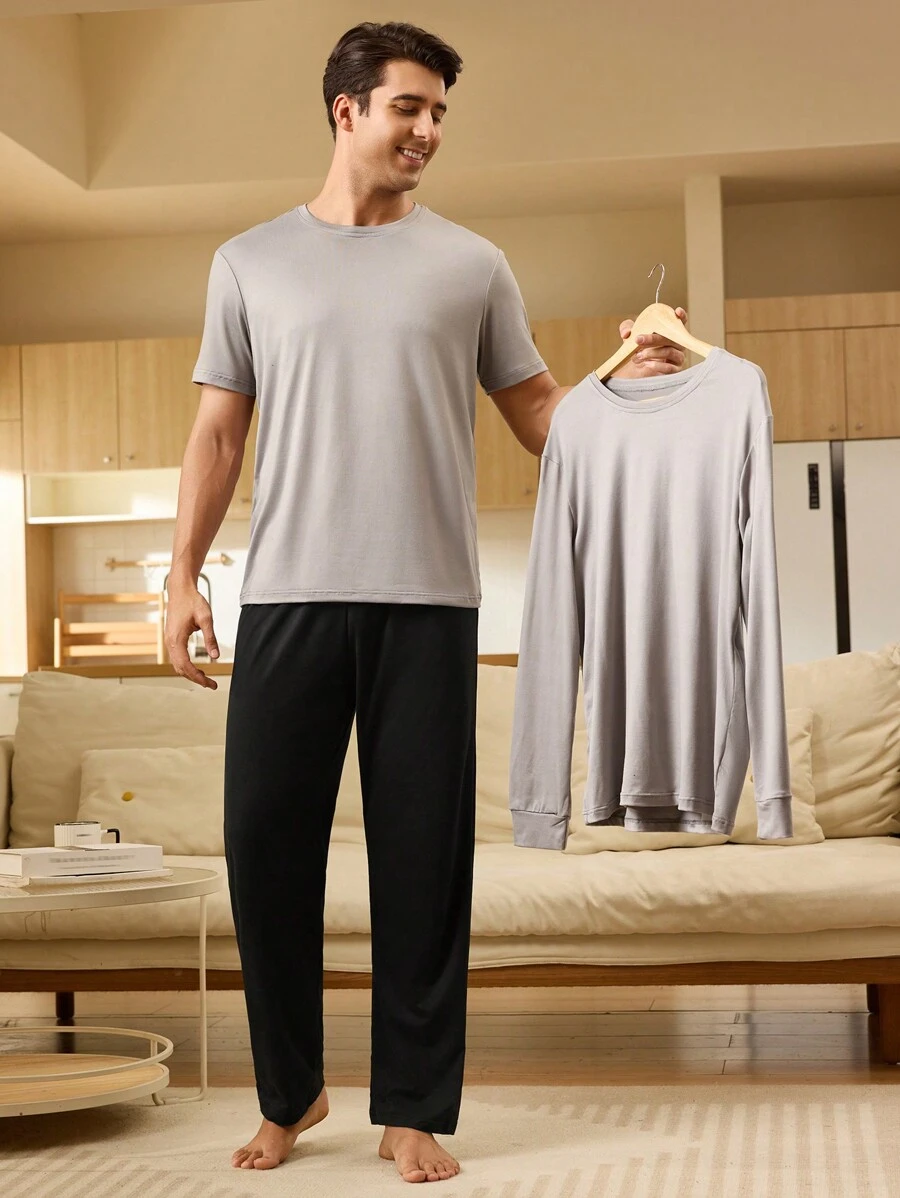 Conjunto de ropa de hogar para hombres con top de cuello redondo y pantalones de unicolor, simple y cómodo