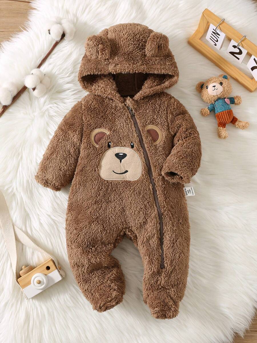 Newborn Baby Boy Cute Bear Graphic Embroidery 3D Ear Hooded Long Sleeve Zipper Front Soft Plush Lined Romper For Autumn & Winter