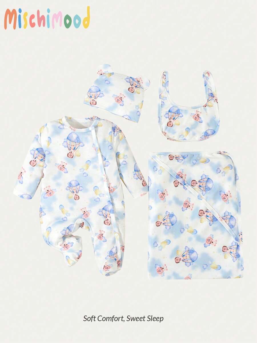 SHEIN 2pcs Set Baby Boys Cute Bear Print Long Sleeve Pajama Jumpsuit With Shoulder Wrap Casual Outfit
