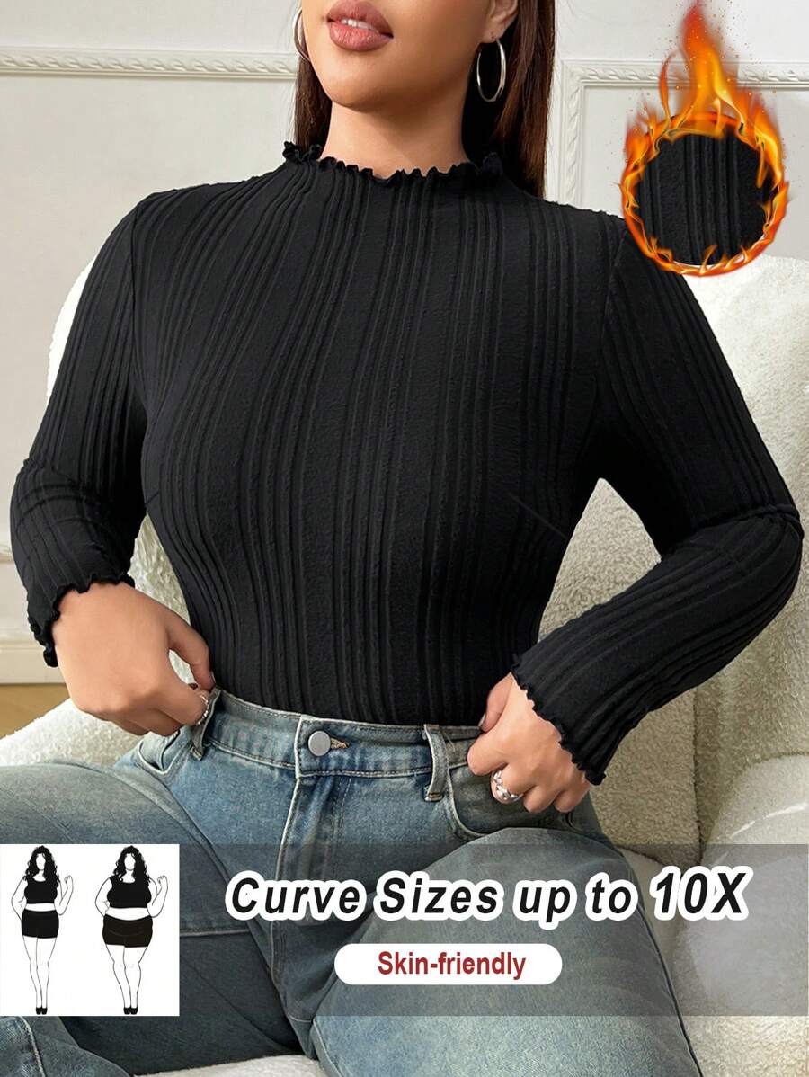 SHEIN CURVE+ Plus Size Women Black High Neck Long Sleeve T-Shirt, Autumn Base Layer Top