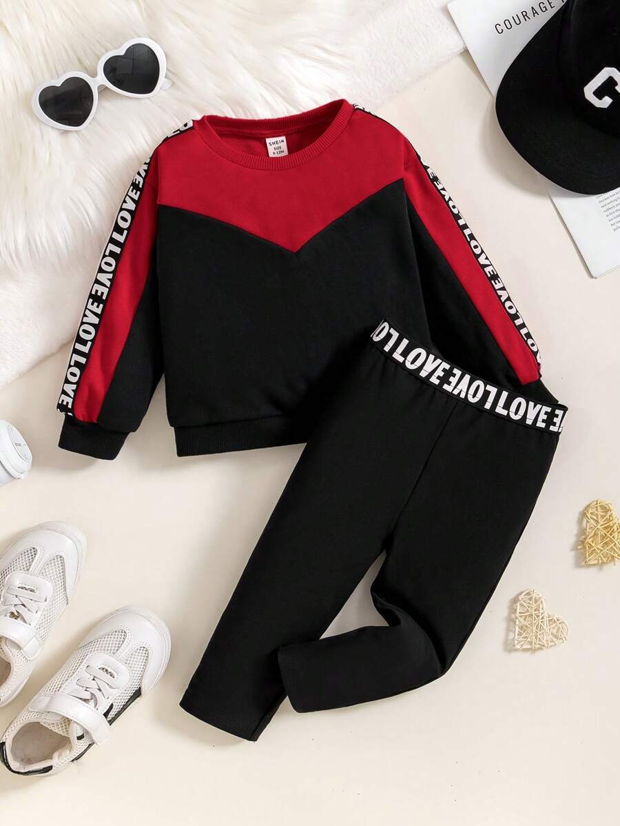 SHEIN 2pcs Baby Girls Cute Letter Pattern Color Block Long Sleeve Sweatshirt And Elastic Waist Pants Set, Autumn/Winter