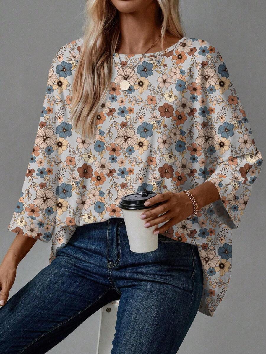 SHEIN LUNE Women Casual Retro Floral Pattern Round Neck 3/4 Sleeve Drop Shoulder T-Shirt, Suitable For Autumn/Winter