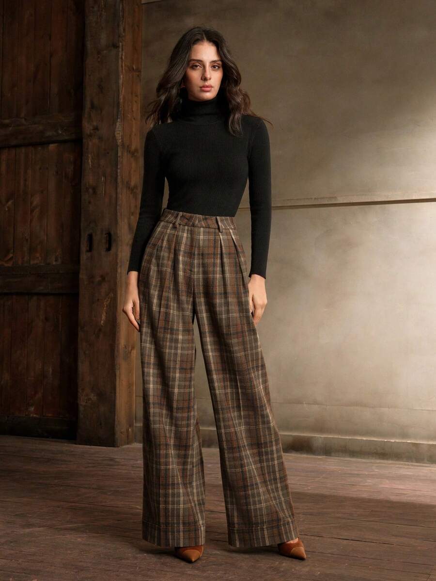 Anewsta High Waisted Straight Leg Plaid Pants For Office Lady, Autumn/Winter