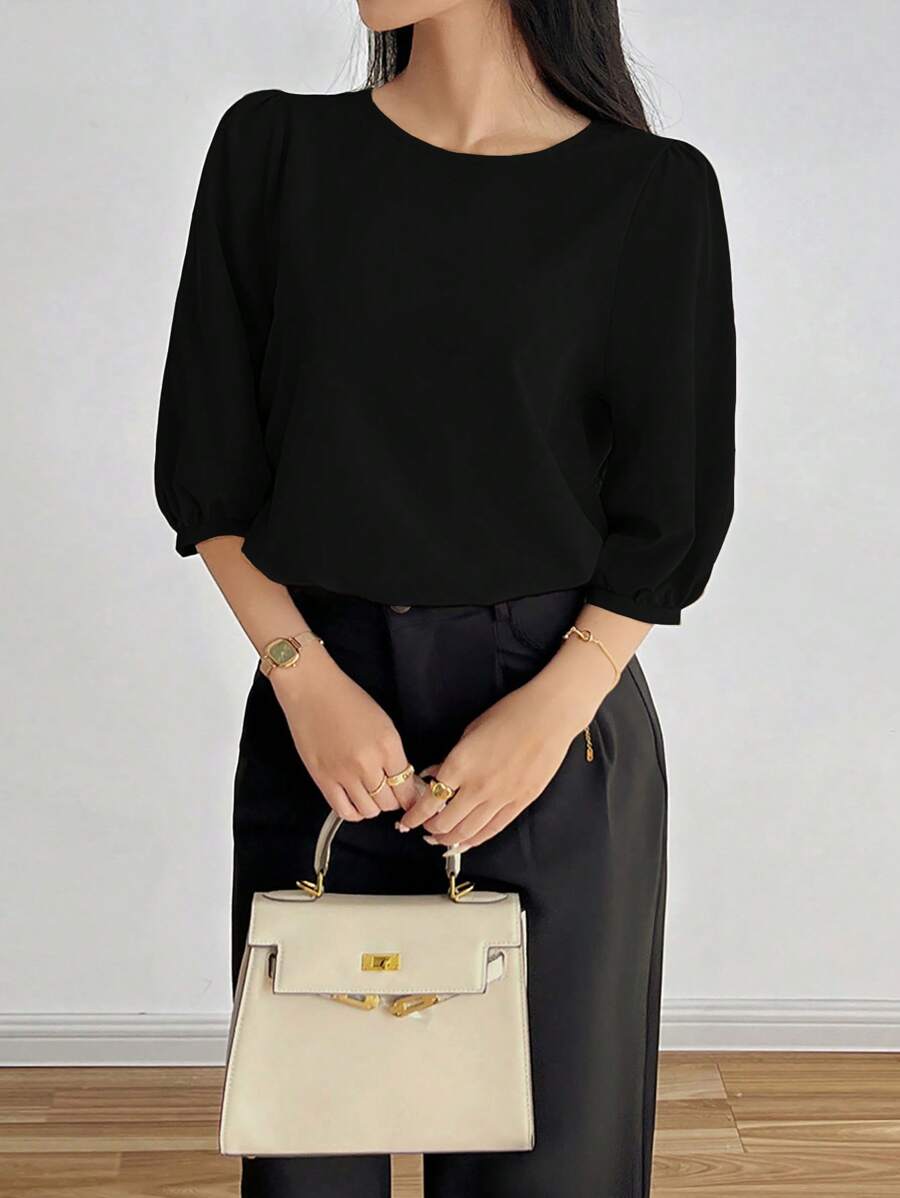 INAWLY Ladies Solid Color Round Neck 3/4 Sleeve Loose Casual Shirt, Autumn