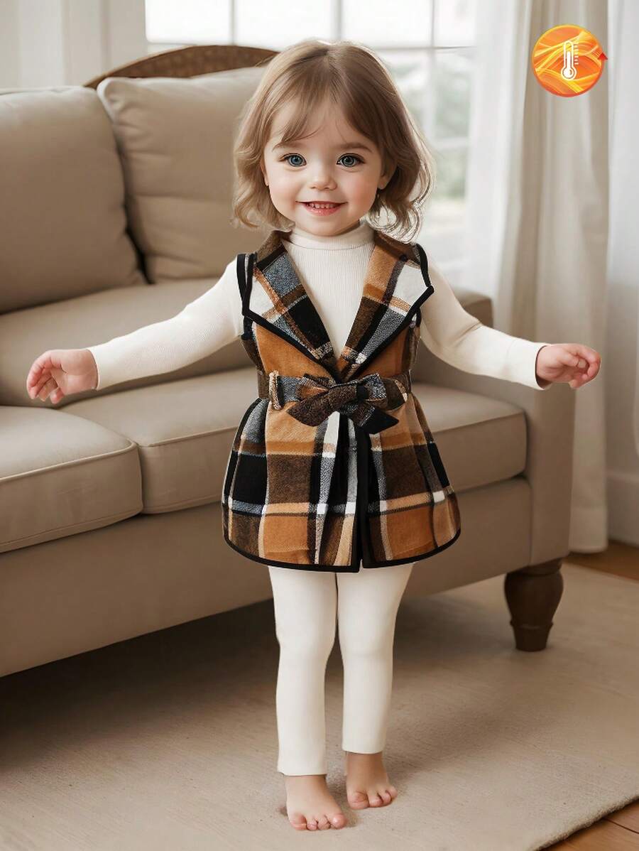 SHEIN Young Girl 3pcs Set: Plaid Lapel Sleeveless Jacket, Solid Mock Neck Long Sleeve T-Shirt, Pants, Casual Suit For Autumn