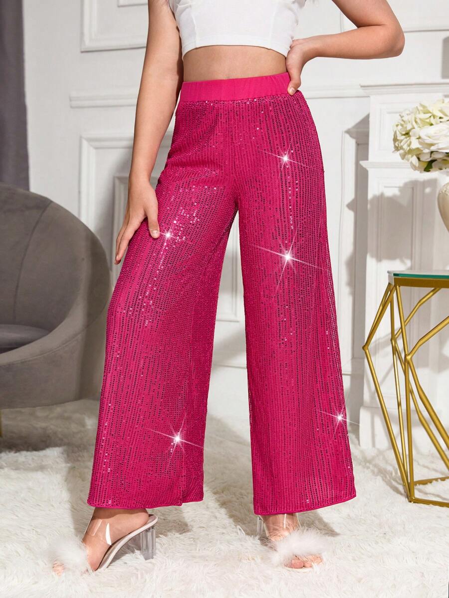 SHEIN Pantalones anchos con lentejuelas para niña preadolescente, elegantes y glamorosos pantalones de lentejuelas brillantes para fiesta y baile