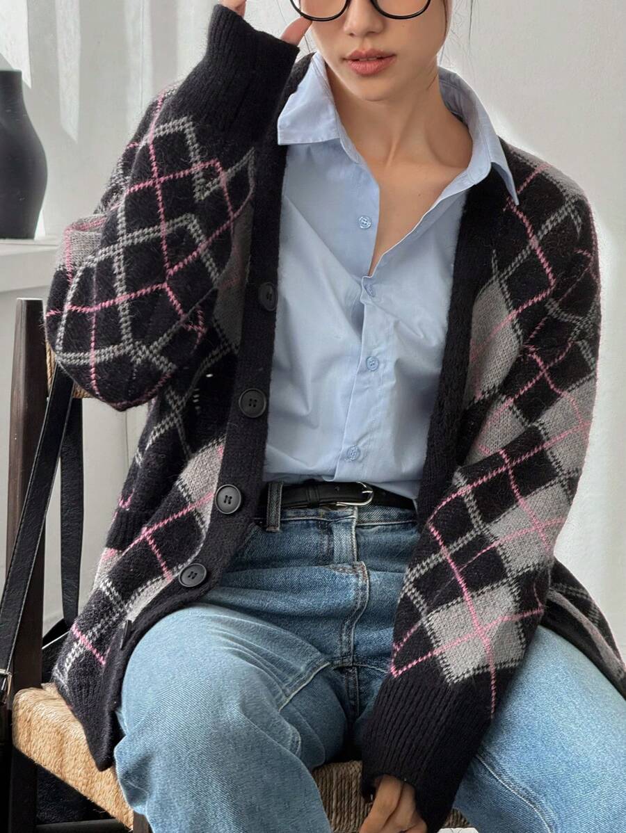 DAZY 1pc Women's Casual Plaid Loose Cardigan, Long Sleeve, Autumn/Winter