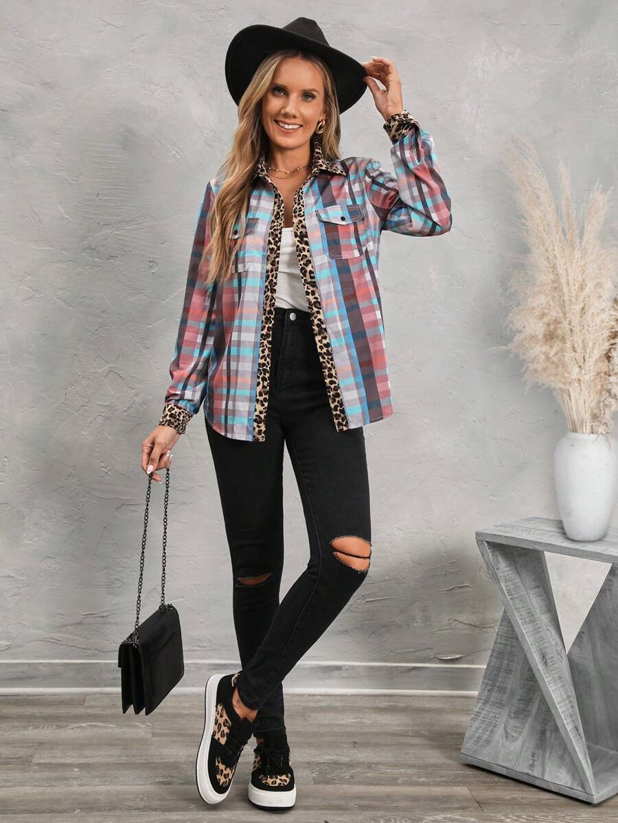 SHEIN LUNE Casual kleurrijk geruit overhemd met patchworkprint voor dames