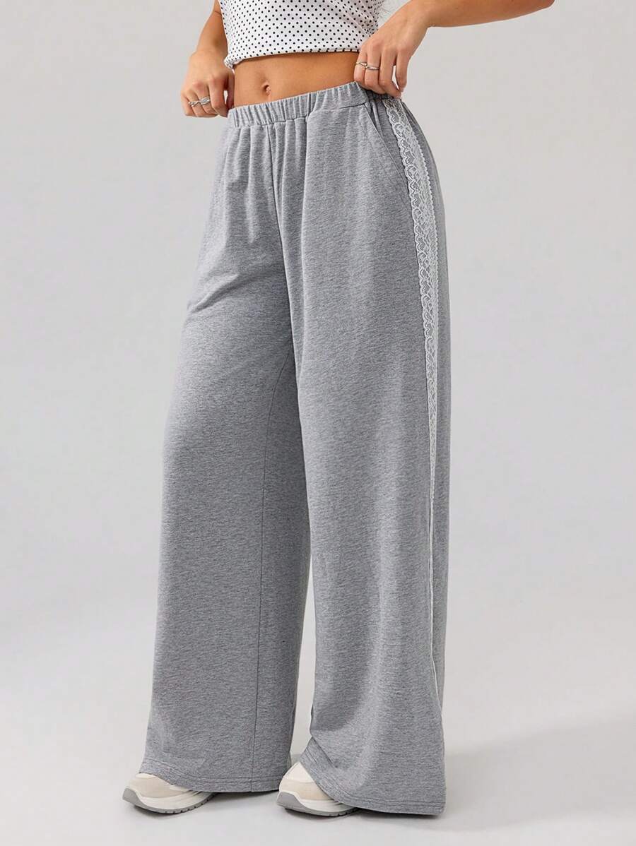 SHEIN SXY Fall Women Clothes;Women Elastic Waist Side Contrast Lace Wide Leg Loose Casual Pants Comfortable, Casual, Versatile And Fashionable, Gray Pants