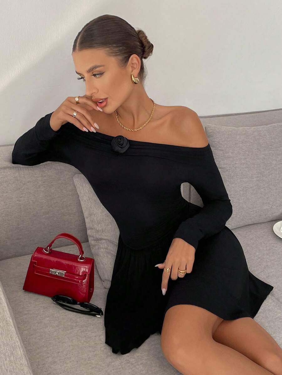 SHEIN Frenchy Women Asymmetric Waistline Off-Shoulder 3D Floral Printed Dress