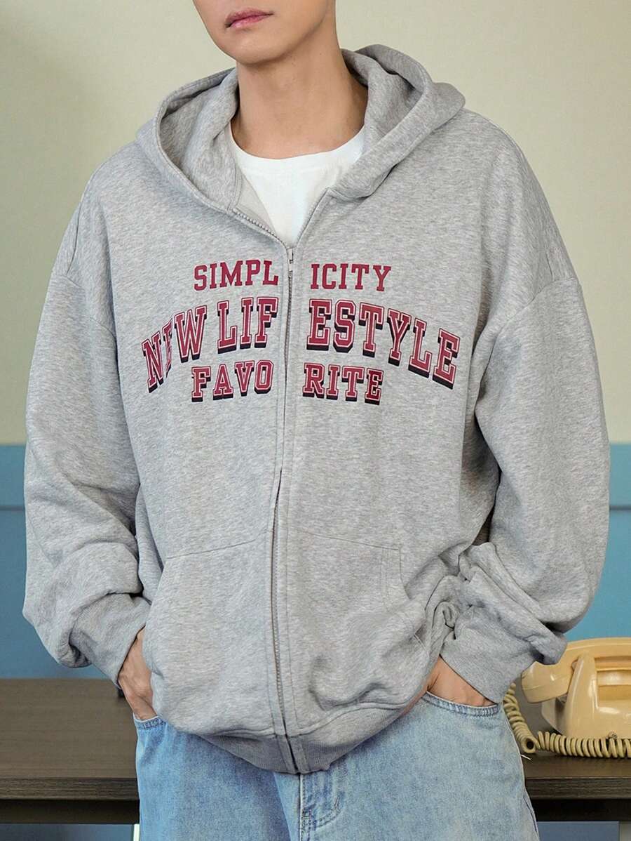 DAZY Sudadera con capucha informal con cierre de cremallera y estampado de letras para hombres, otoño