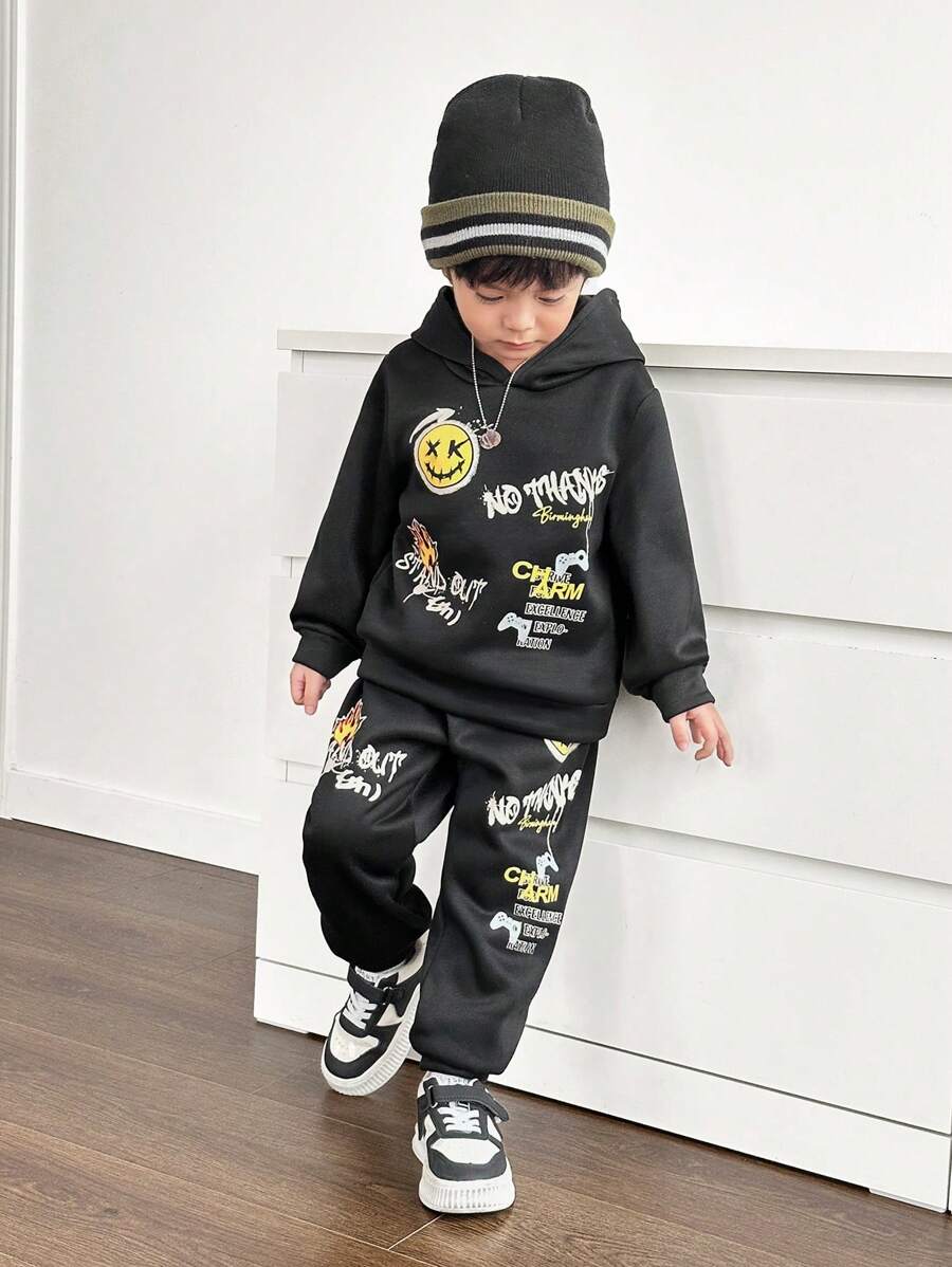 SHEIN Young Boy Smile Face & Letter Print Thickened Hoodie Sweatshirt And Sweatpants Casual Set, Autumn Winter
