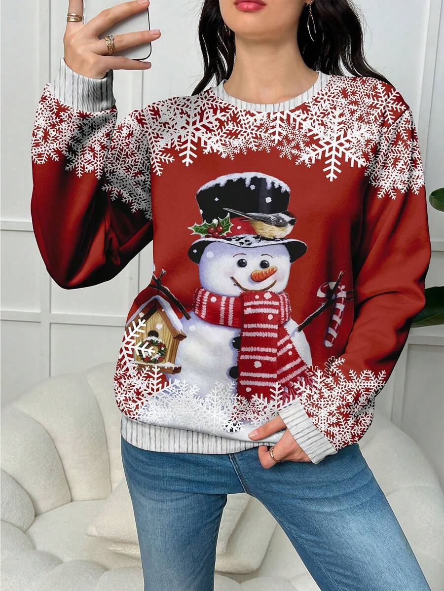 INAWLY Women's Snowman & Snowflake Print Thermal Lined Sweatshirt