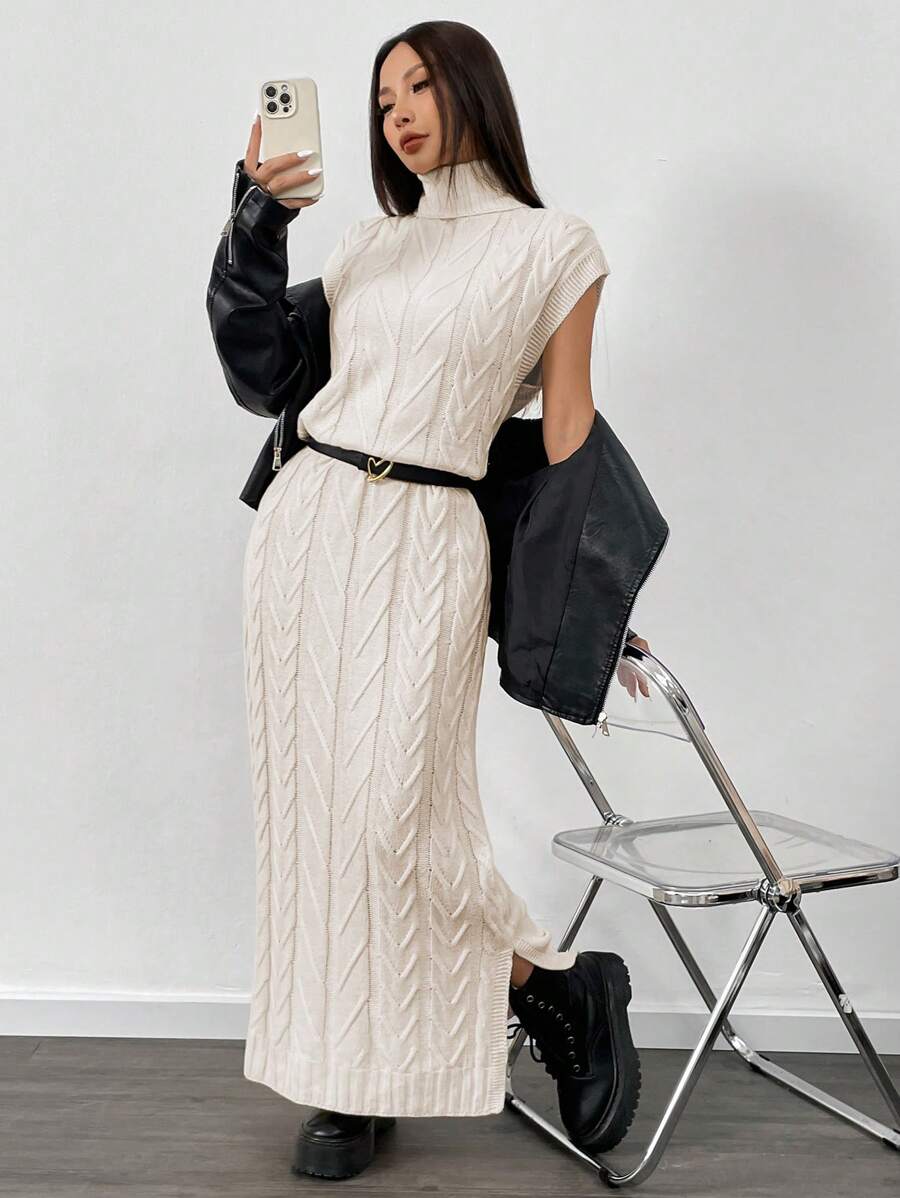 Chiquease Women High Neck Sleeveless Casual Long Knitted Sweater Dress