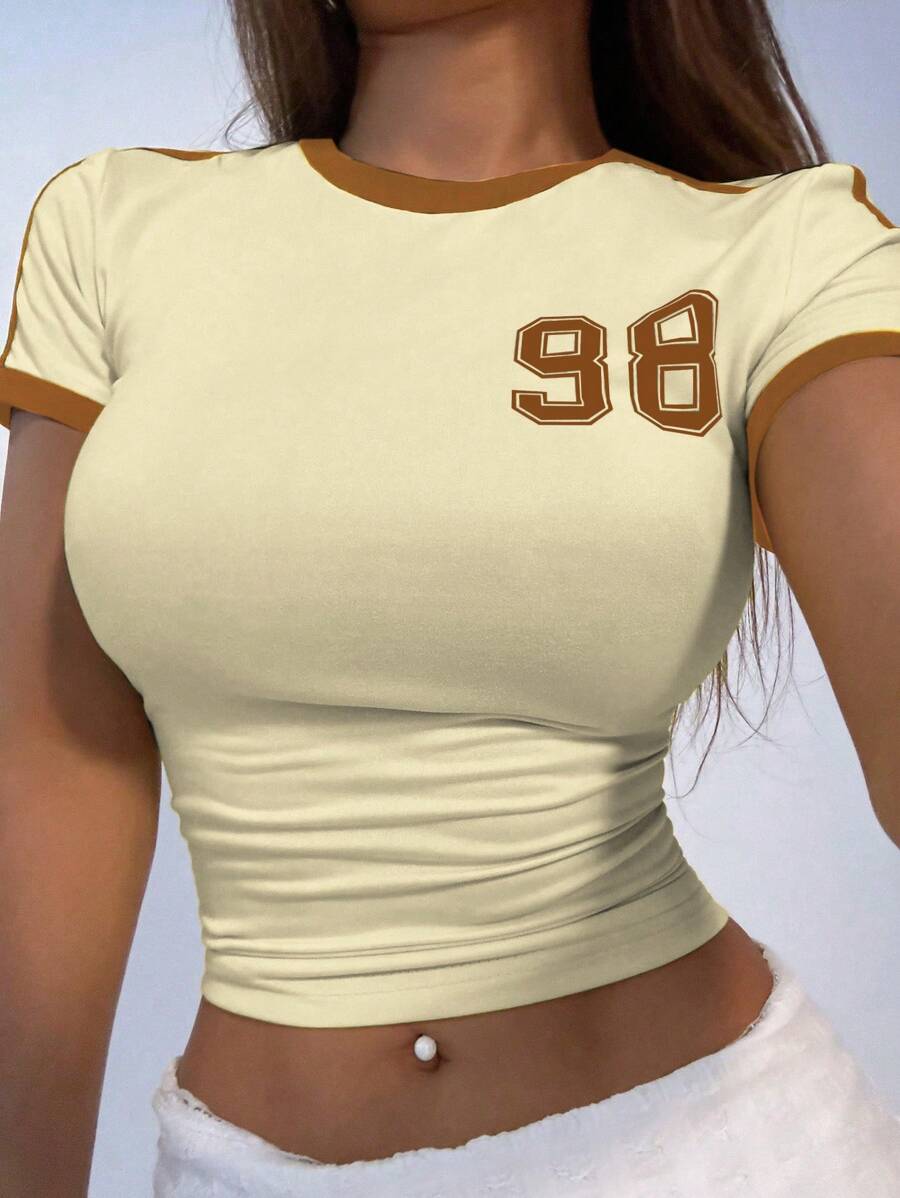 StreetHx Women Color Block Round Neck Short Sleeve Numeric Print Casual Top Graphic Tees Women Tops
