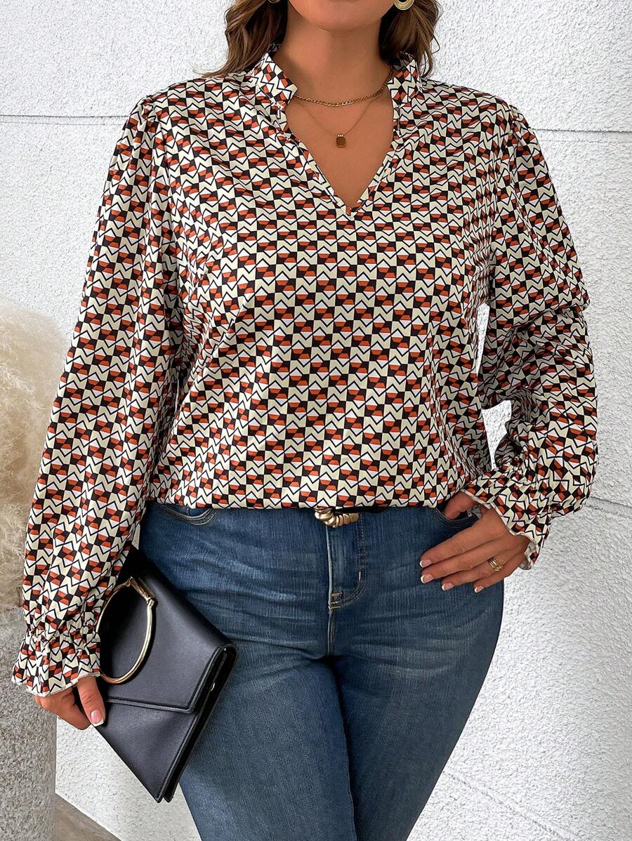 SHEIN LUNE Blusa elegante de manga larga con escote en V y estampado geométrico, para mujer de talla grande, otoño