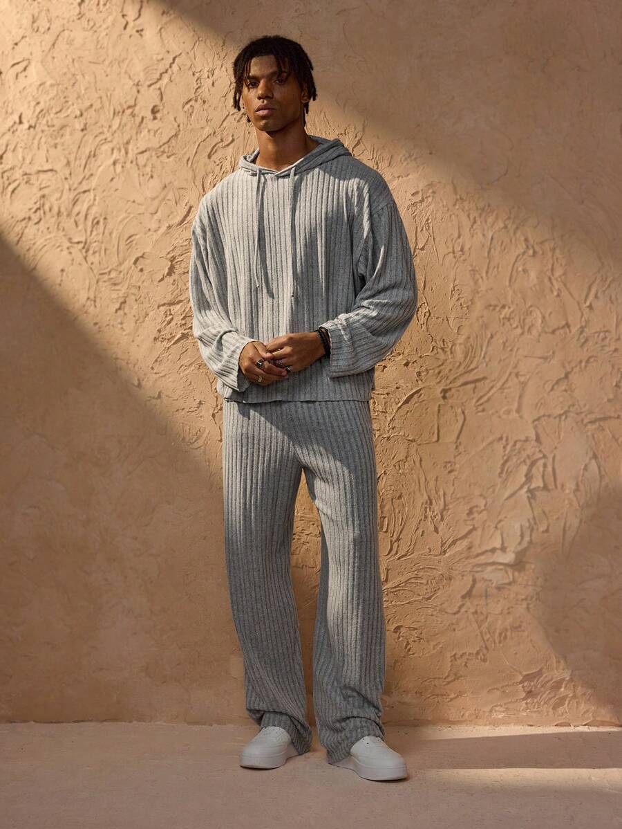 Forever 21 Men's Ribbed Knit Drop Shoulder Drawstring Hoodie & Pants Two-Piece Set