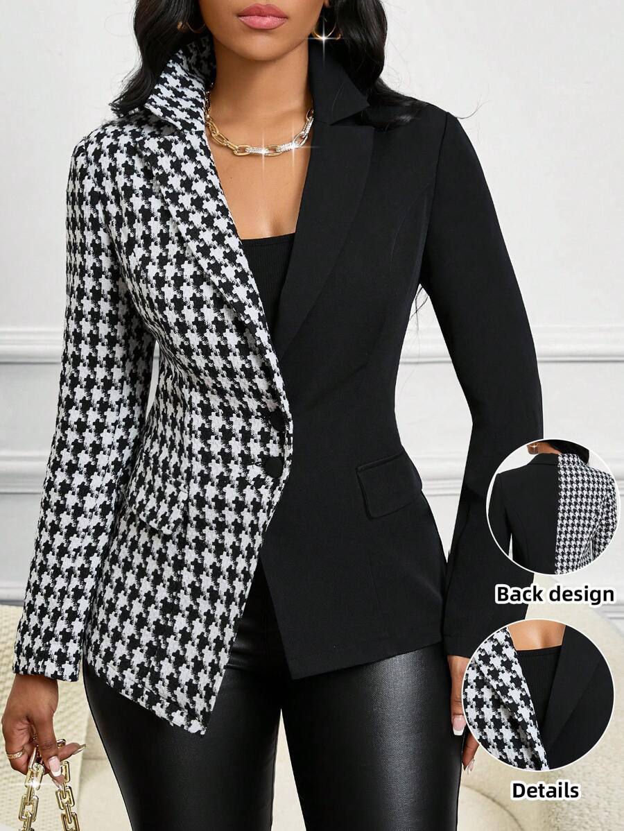 SHEIN Lady Four Season Attire Houndstooth Geometric Print Tunic Asymmetrical Top Winter Coat Suit Women Jackets