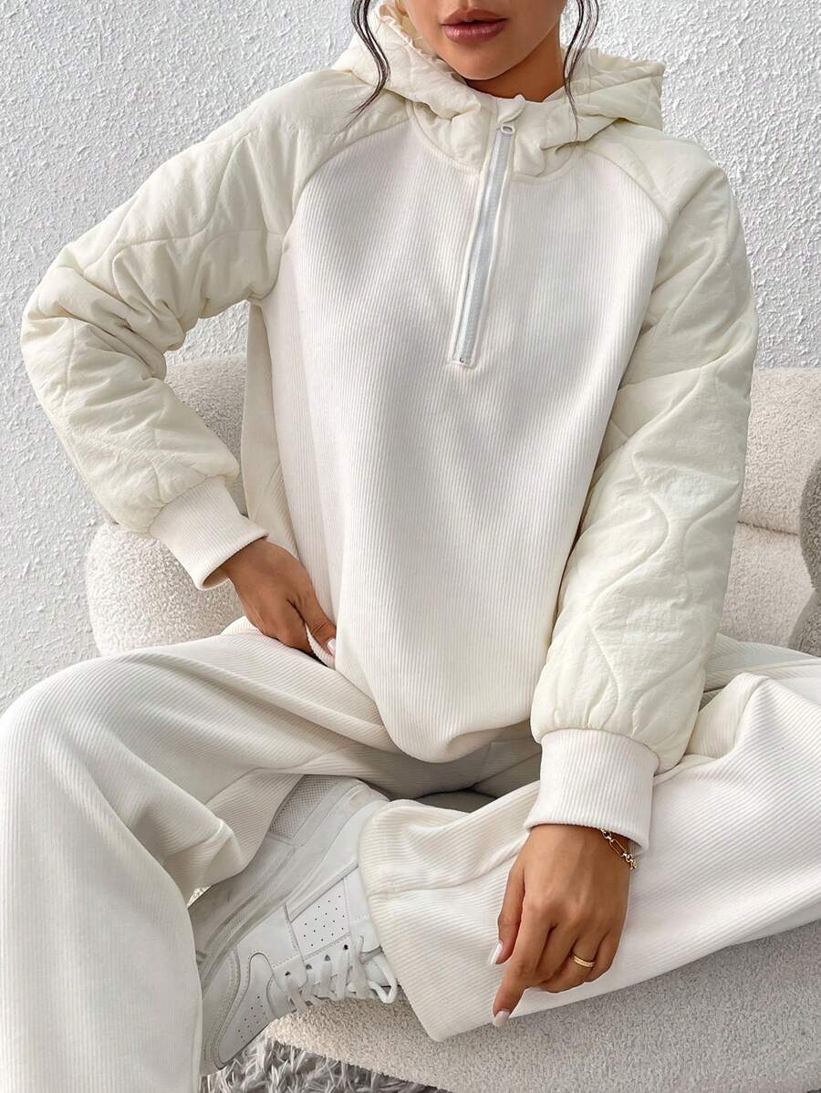 2pcs/Set Women Casual Patchwork Hooded Sweatshirt And Pants, Autumn / Winter