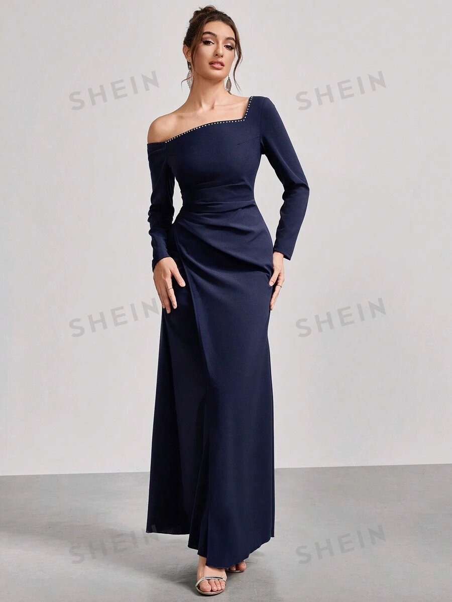 Coutiva 1 pieza Vestido largo de fiesta con mangas largas, cuello asimétrico y fruncido, Vestido elegante para banquete, fiesta de Año Nuevo, evento social, invitado de boda, vestido formal, vestido de noche