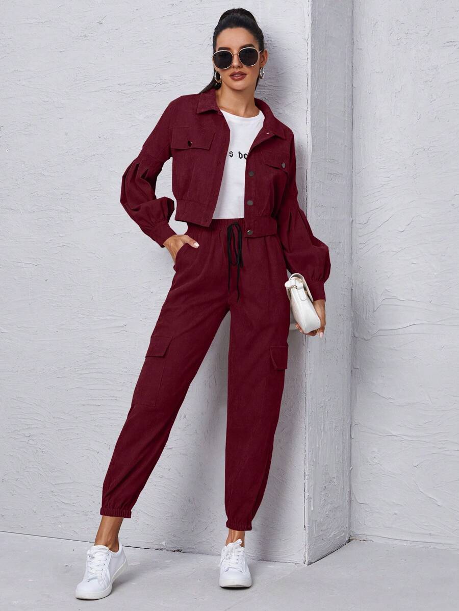 Mulvari Ensemble 2 pièces femme : veste à manches longues boutonnée unie et pantalon cargo décontracté avec cordon de serrage à la taille, pour l'automne