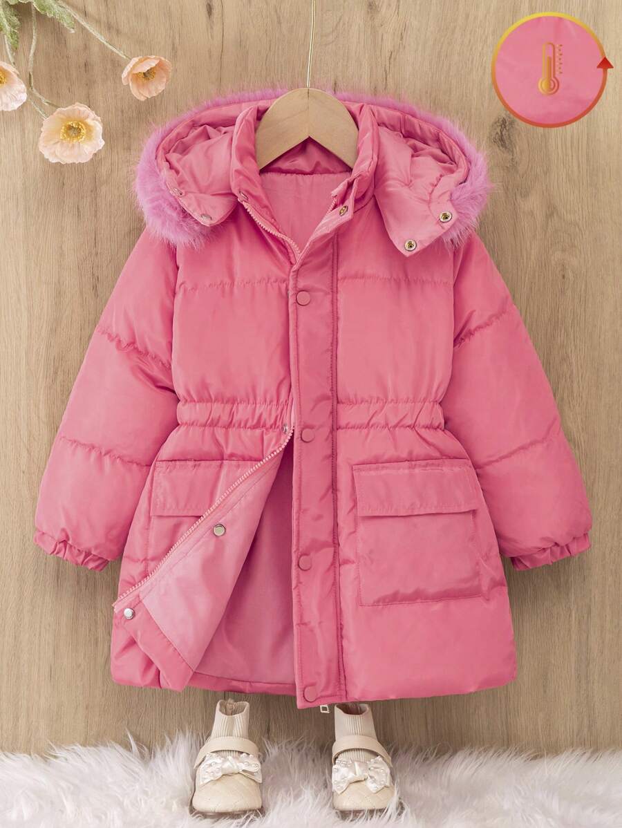 Cappotto con cappuccio e cerniera, con collo rimovibile in pelliccia, imbottito, abbigliamento di moda per uso all'aperto, viaggi, feste di compleanno, adatto con qualsiasi pantalone e top, adatto per bambine dai 4 ai 7 anni