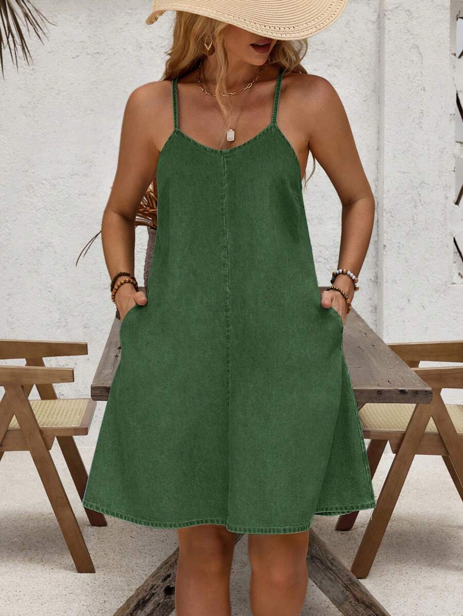 SHEIN LUNE Solid Color Casual Versatile Pocket Decorated Sleeveless Denim Dress