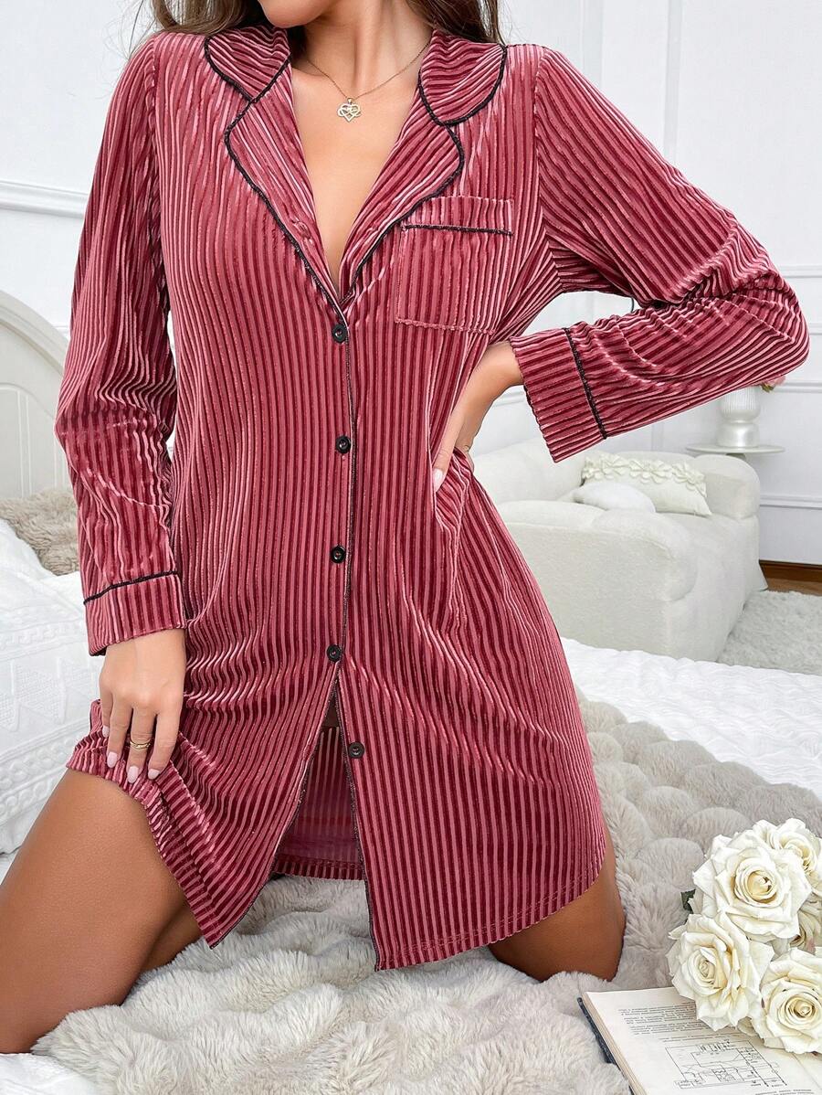 Vestido casual de mujer de manga larga con escote en V de terciopelo con acabado en contraste de color