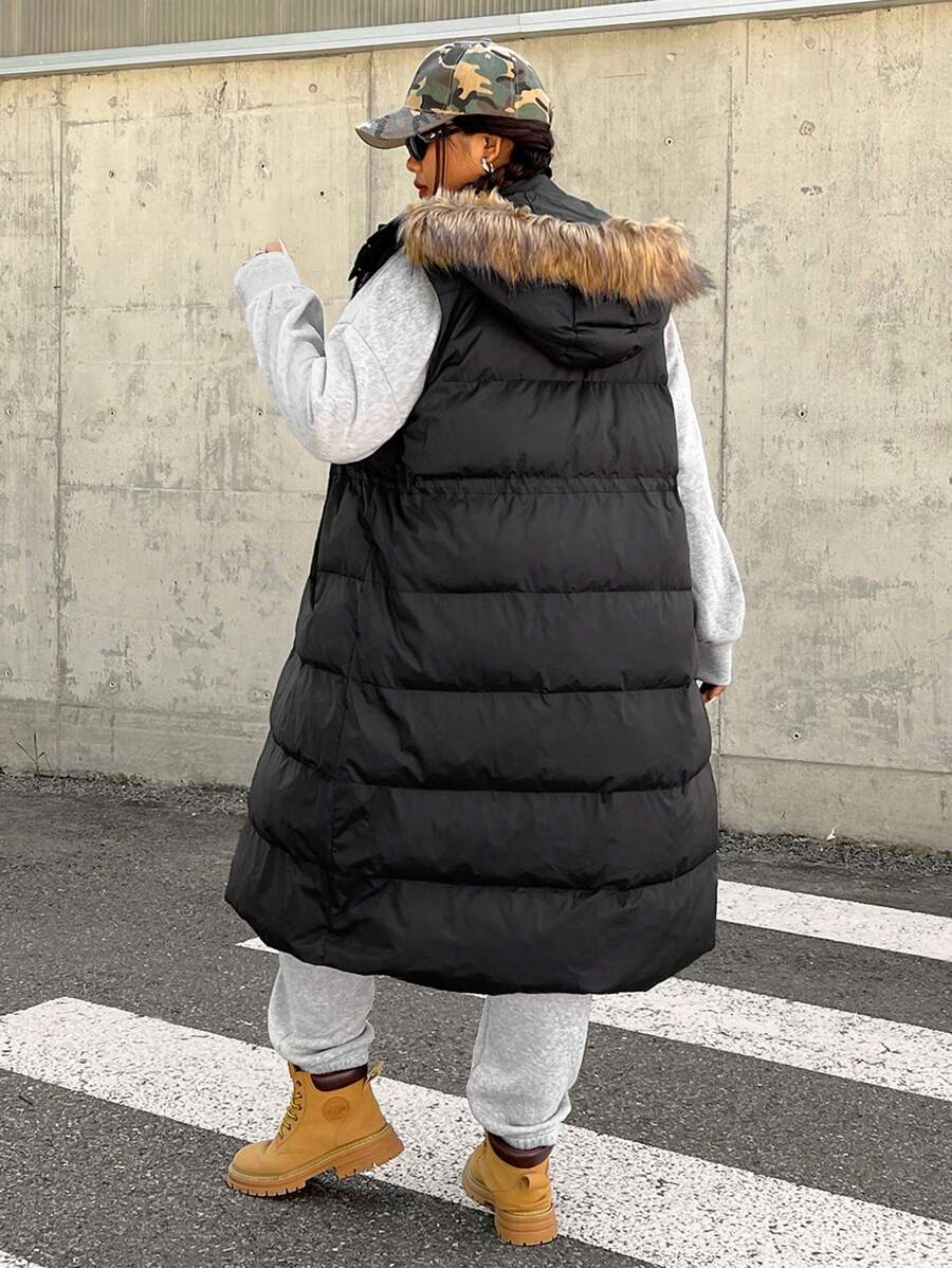 SHEIN EZwear Plus Size Hooded Contrast Fuzzy Trim Sleeveless Padded Vest, Winter Women Clothes