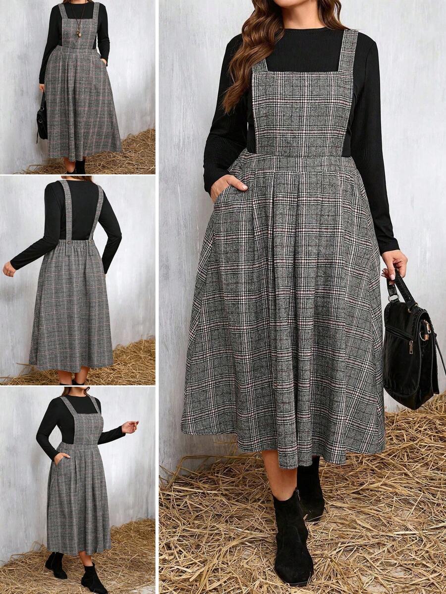 SHEIN LUNE 2pcs Plus Size Casual Solid Color Long Sleeve Top And Plaid Suspender Skirt Set, Autumn