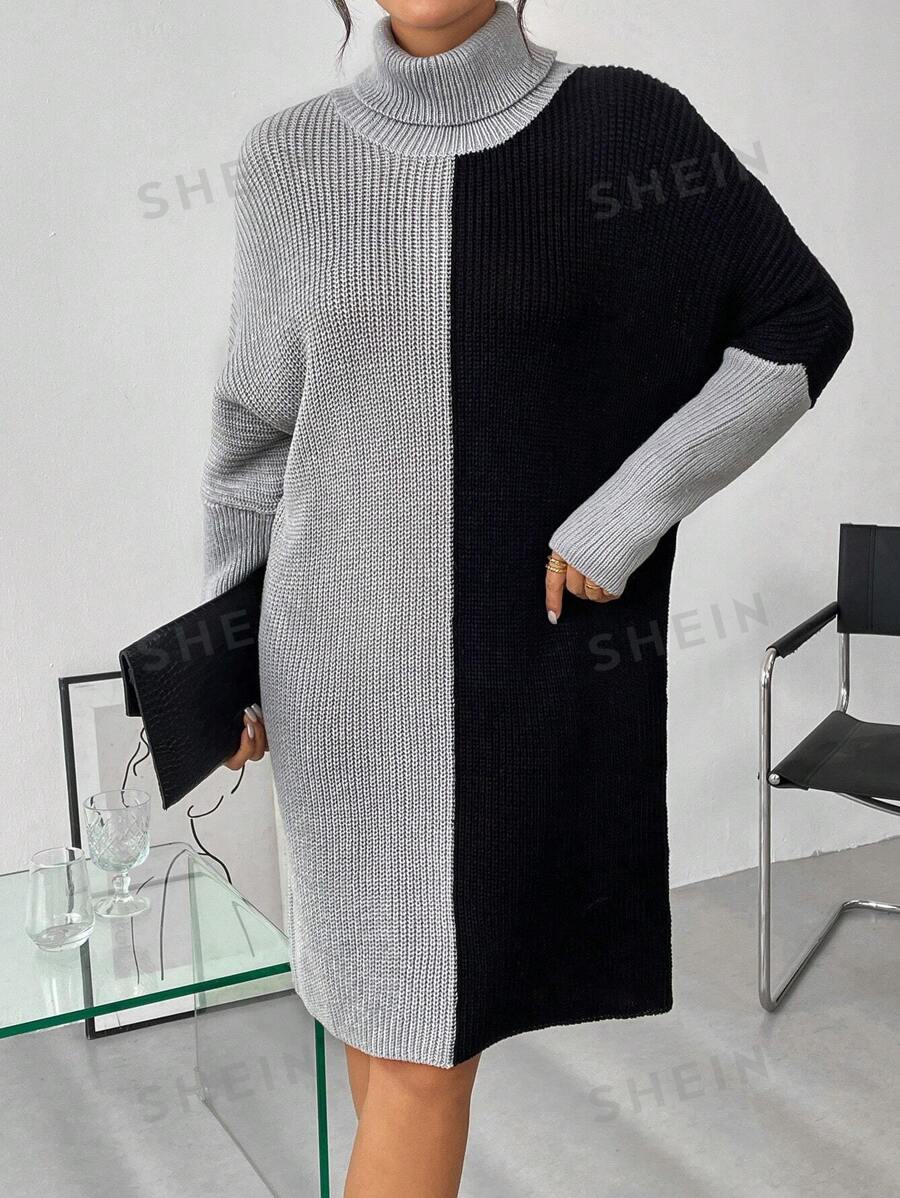 SHEIN Clasi Vestido-suéter de mujer de cuello alto con bloques de color, casual de negocios, ropa de trabajo, vestido de invitada de boda de otoño