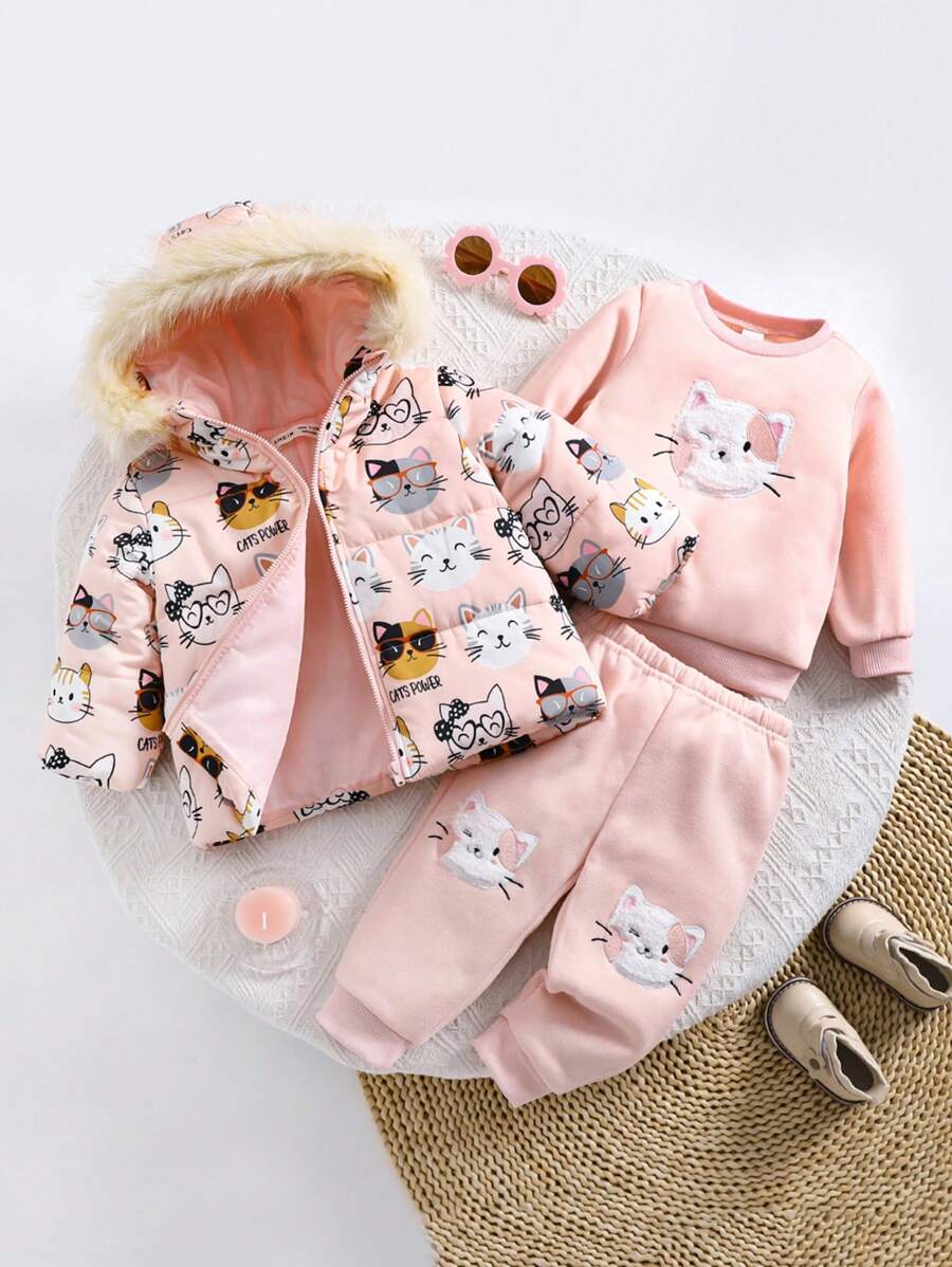 SHEIN 3pcs Baby Girl Cute Pink Cat Pattern Warm Fleece Hooded Jacket & Pants Set, Autumn/Winter